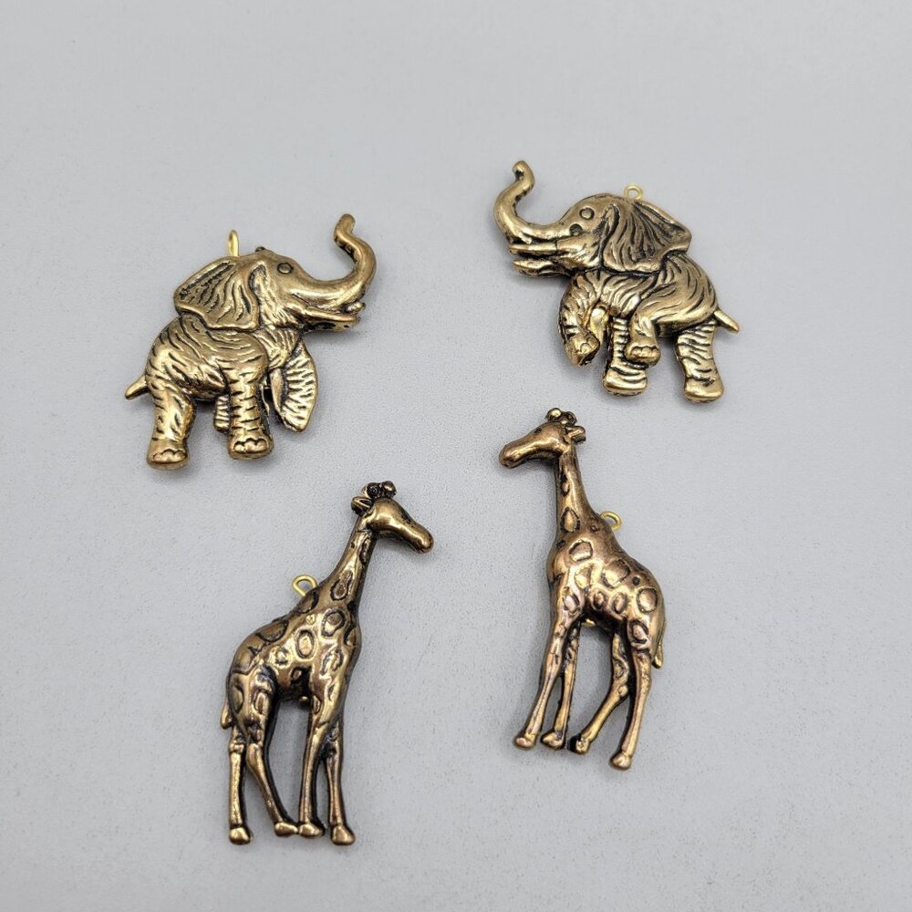 Brass Giraffe and Elephant Charms Pendants Set Of 4